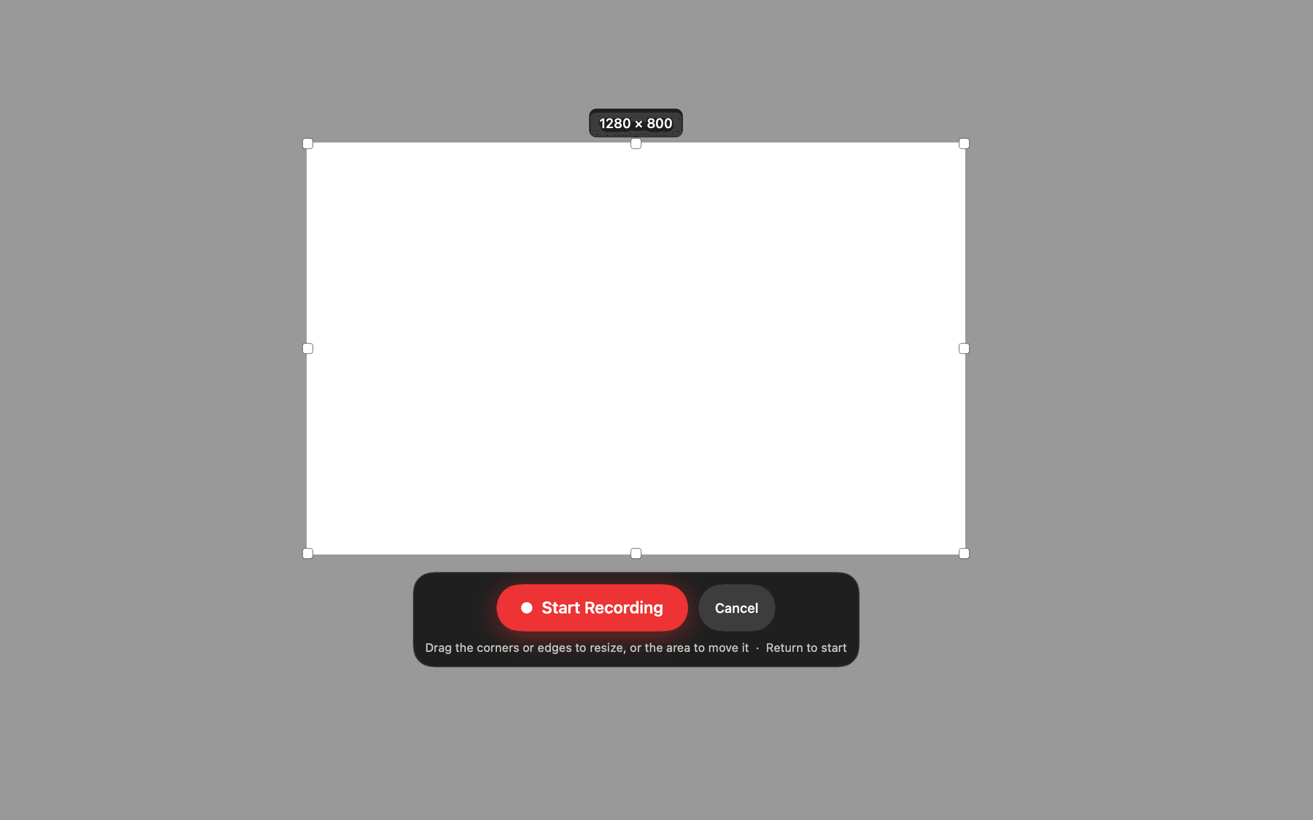Choosing an area over the Acme dashboard: everything outside is dimmed, the frame has corner and edge handles and a size readout, and a Start Recording button waits with Cancel beside it