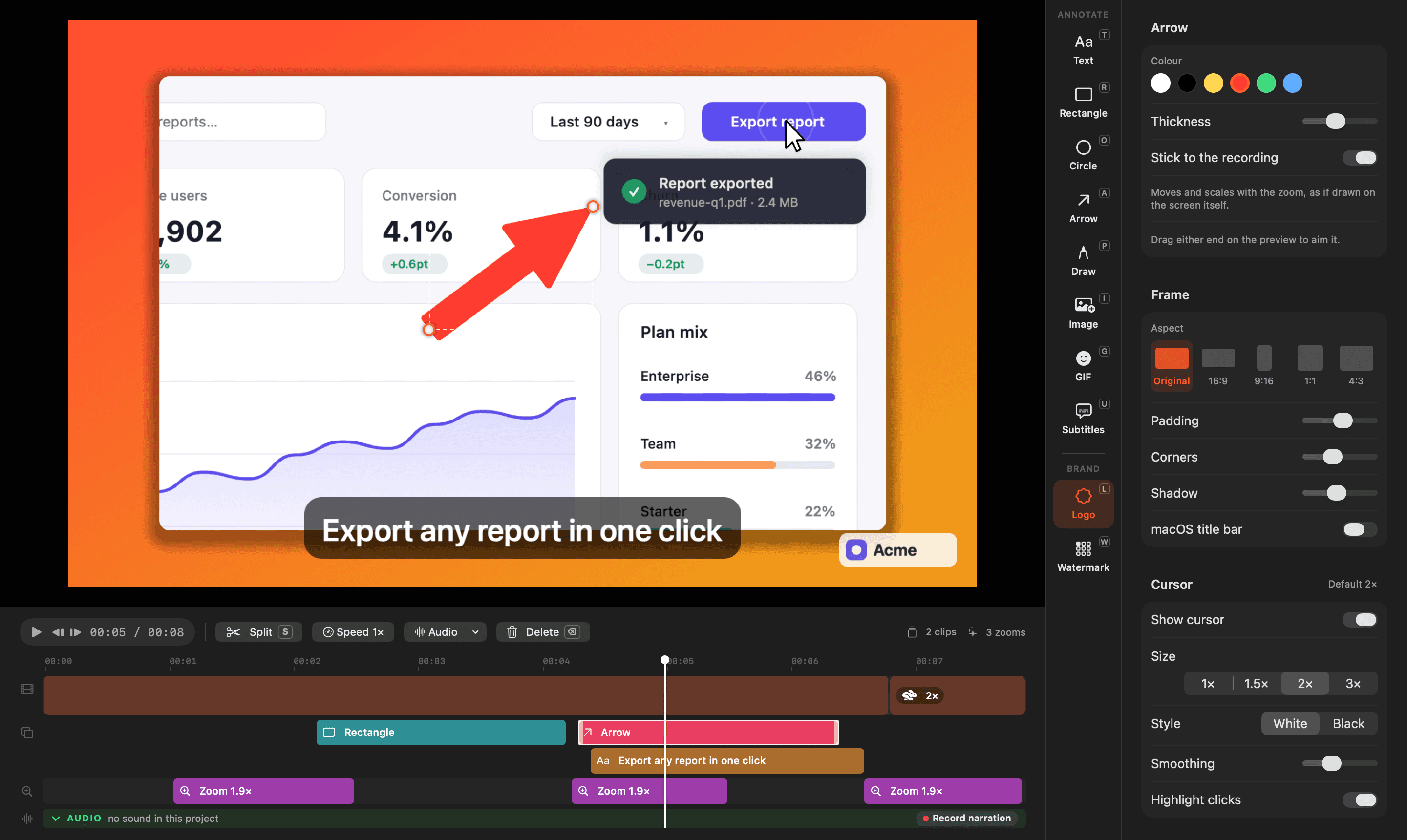 Easy Cast's editor: the Acme dashboard with an arrow drawn at the Export report button and a subtitle, the tool strip, the arrow's inspector, and a timeline with clips, annotations and labelled zoom blocks