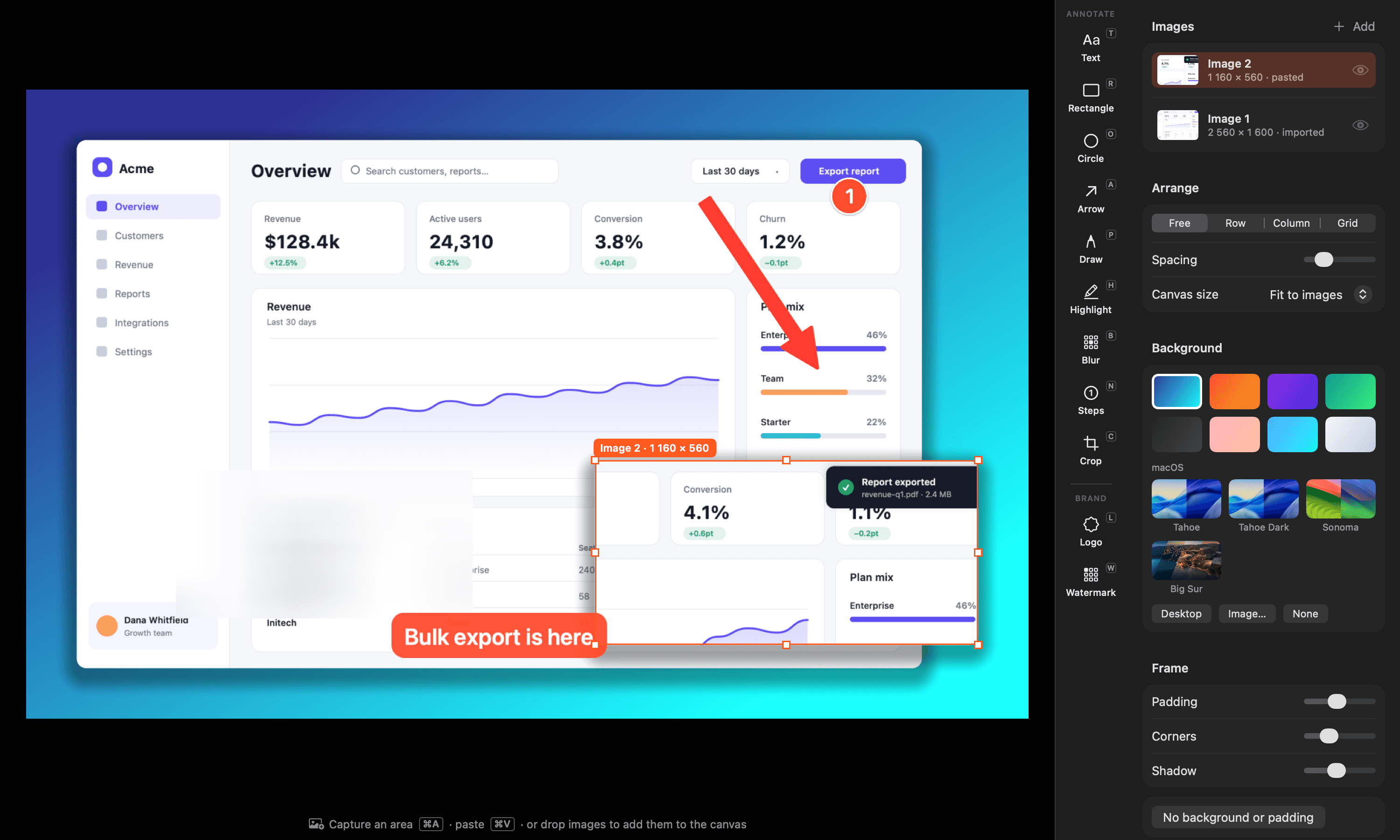 The Screenshots editor: two captures of the Acme dashboard on one canvas with a highlighted figure, a blurred account name, a numbered step badge, an arrow and a caption, the day-grouped library on the left and the arrange and background settings on the right