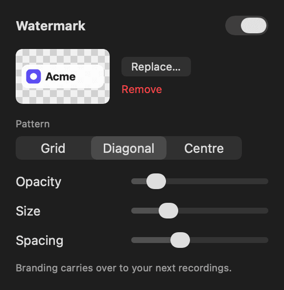 Watermark settings: pattern, opacity, size and spacing